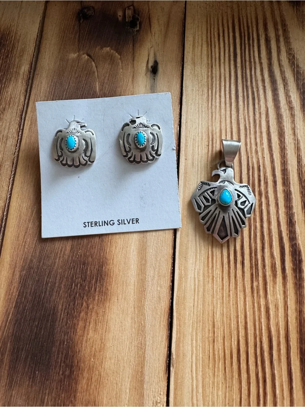 Jerold Joe Sterling Silver Turquoise Thunderbird Pendant and Stud Earrings Set